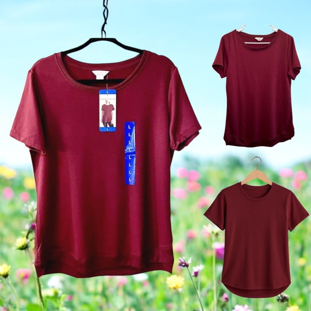 Danskin Womens Large Burgundy Crewneck Tulip Hem Top NEW